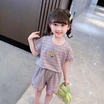 迪凡熊女童运动套装夏季新款格子短袖小女孩两件套儿童夏装韩版小童