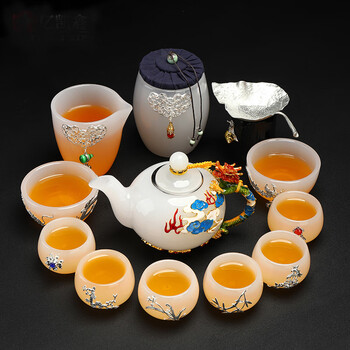 芊盛堂琉璃功夫茶具套装镶银玉石玛瑙泡茶器简约白瓷玻璃茶壶茶杯琉璃