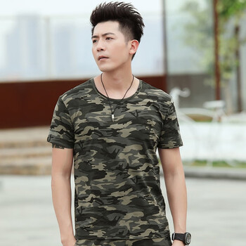 贺豹夏季中国t恤短袖迷彩修身透气中国风圆领纯棉刺绣半袖军迷军t恤潮