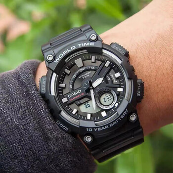 卡西欧黑金手表男黑武士双显指针复古运动防水石英表aeq-110bw-9a aeq