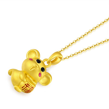 足金999转运珠黄金鼠吊坠女3d硬金珐琅生肖鼠福鼠金本命年项链福鼠