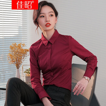 佳昭酒红色衬衫女春款2022新款修身显瘦高级感职业装弹力抗皱收腰暗扣