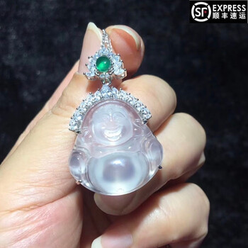 森洲天然玉髓佛公吊坠笑面佛s925银镶嵌玉石项链锁骨冰种挂件媲美翡翠