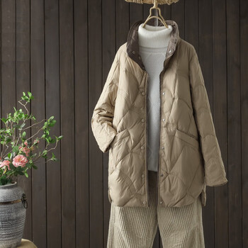 羽绒服女大码轻薄加肥加大冬季中长款宽松显瘦白鸭绒薄款外套卡其色s