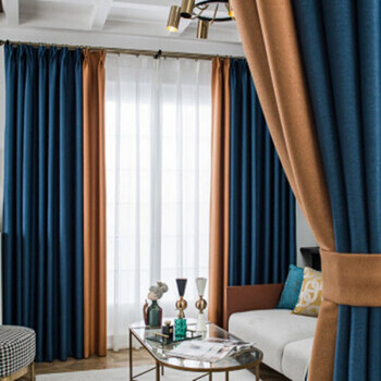 北欧双面麻窗帘拼接简约棉麻遮光隔热遮阳布深蓝拼橙色4米宽高27米