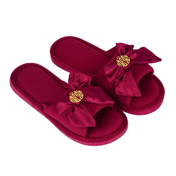 轻仙红色结婚拖鞋四季婚庆蝴蝶结开口喜庆新婚情侣中国红男女款拖鞋 