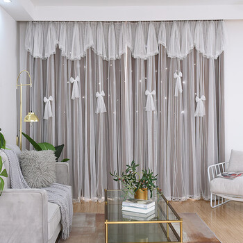 21新款抖音网红ins少女星款北欧飘窗带幔卧室公主风遮光帘帘头一体咖