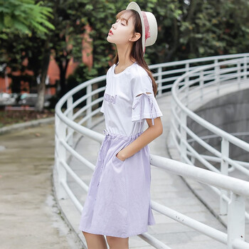 阙珞磐大童初中高中学生少女孩连衣裙夏青少年假两件裙子定制9161紫色