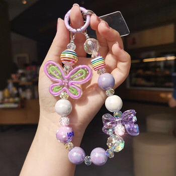 手机挂绳手工串珠手链时尚挂件涂鸦彩绘蝴蝶圆珠手机壳挂饰防丢吊绳短