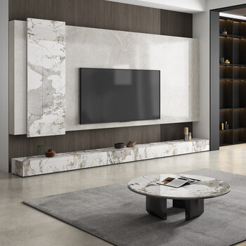 伊舟潘多拉岩板电视3米柜轻奢现代简约地台地柜落地客厅极简3d27