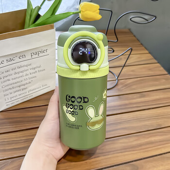 儿童保温杯带吸管食品级智能显温女生男孩小学生上学专用水杯 绿色550