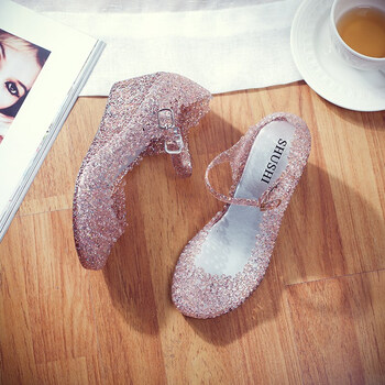 女式塑料水晶坡跟凉鞋女士白色护士夏季防水沙滩鞋舞蹈鞋 闪粉红色