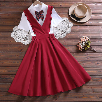 初高中学生少女孩可爱洋气裙子学院风背带裙jk套装酒红色l建议95110斤