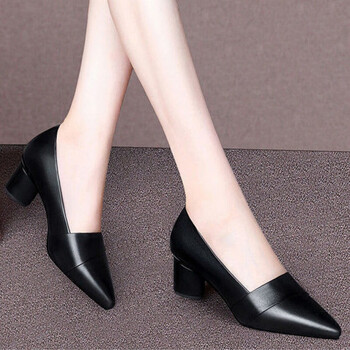 半高跟软皮女鞋2021秋季新款浅口中跟粗跟单鞋女尖头复古民族风高端