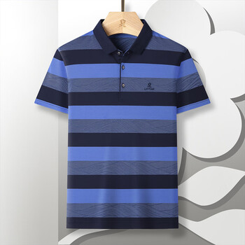 梦特娇(montagut)23夏含桑蚕丝男士t恤短袖polo衫条纹撞色珠地冰爽