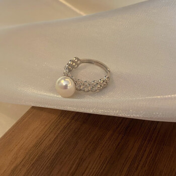 彩岸珍珠戒指淡水珍珠蕾丝戒指女925银开口戒食指戒小众设计个珍珠白