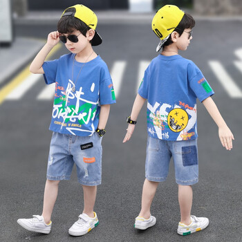 儿童夏季两件套1012岁男孩7夏天9衣服5中大童8男装6小孩潮牌服装蓝色