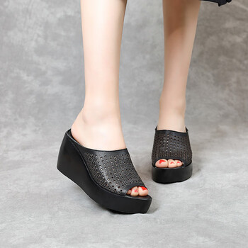 vzvj软牛皮坡跟拖鞋女厚底防水台2022夏季新款外穿高跟鱼嘴镂空凉拖女