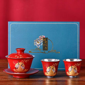 不觉堂松鹤功夫茶具套装陶瓷茶具珐琅彩鎏银茶器家用送礼中国红 图片价格品牌报价 京东