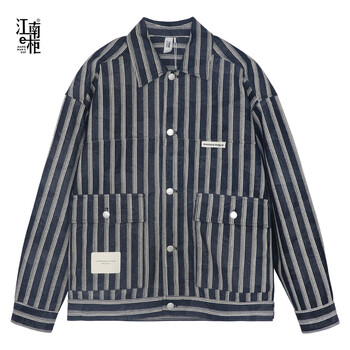 江南e柜(jneg)春秋新款夹克男士外套拼接撞色休闲翻领上衣男条纹蓝