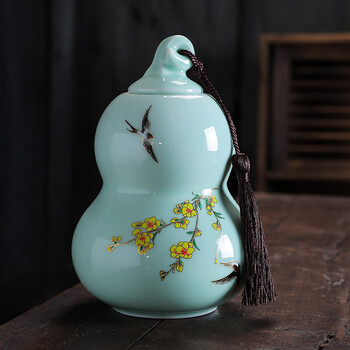 小号家用大密封罐普洱红茶空包装盒子定制 单层葫芦罐-青瓷燕子归来