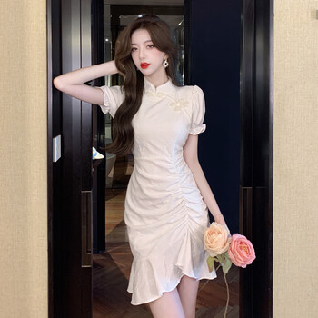 恬谜复古改良旗袍褶皱鱼尾裙高级感国潮风连衣女夏季珍珠盘扣a字白色s