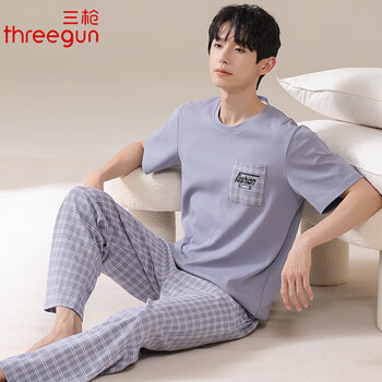 三枪(threegun)睡衣男纯棉薄款短袖长裤时尚家居服夏天男士套装加大码