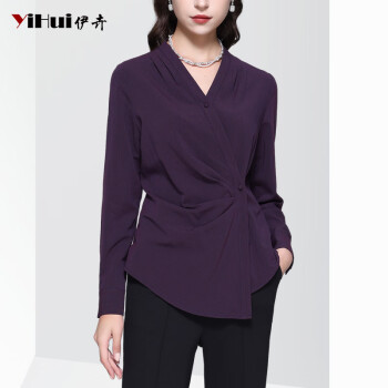伊卉（YIHUI）欧货设计感法式v领衬衫女长袖秋装新款设计感不规则衬衣别致上衣 紫条纹 2XL