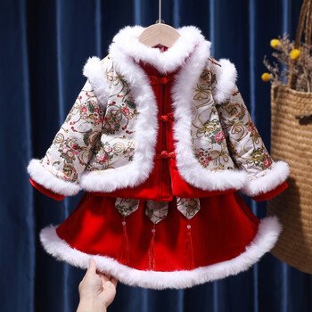 汉服女童冬装新年衣服儿童中国风加绒唐装小童过年宝宝拜年服套装红色