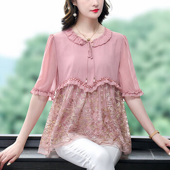 rcsng中年洋气夏装真丝衬衫女高端休闲时尚胖mm遮肚雪纺衫上衣粉色m