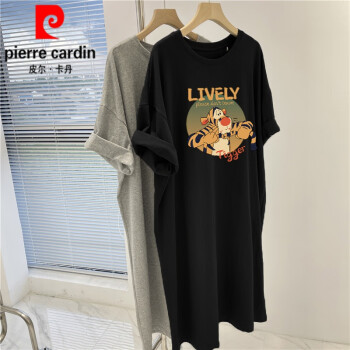 皮尔卡丹（pierre cardin）纯棉T恤裙女2025新款中长款韩版宽松大l码短袖长裙时尚减龄连衣裙 黑色(小老虎款) M