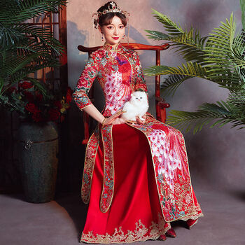 女中式婚纱敬酒服古典礼服刺绣龙凤褂婚礼结婚出嫁回门迎宾红色075s