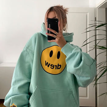 semalam过验过毒drew笑脸卫衣薄荷绿比伯同款高街潮牌宽松情侣连帽衫