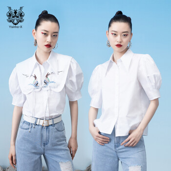 云思木想摩登中国风2021新款夏季设计感纯棉刺绣短袖衬衫女68651 白色 S