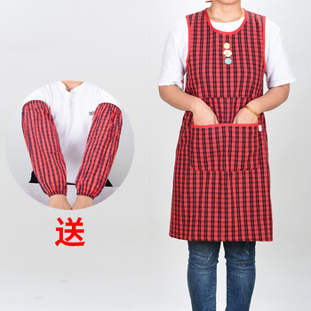 背带式马甲围裙女防油污罩衣无袖工作服围腰罩衣 红色_图案款棉马甲送