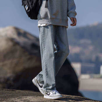 zkhe美式做旧牛仔裤男春秋高街cityboy男生直筒休闲裤子浅蓝色m