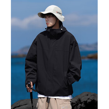 冲锋衣外套男秋季美式高街防水防风户外潮牌痞帅宽松休闲连帽夹克黑色