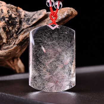 大绳保真水晶发晶花吊坠男士太平无事牌挂件方牌项链520礼物