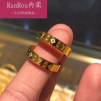 老凤凰黄金戒指女足金999戒子光面印花字母时尚手饰情侣婚庆对戒送