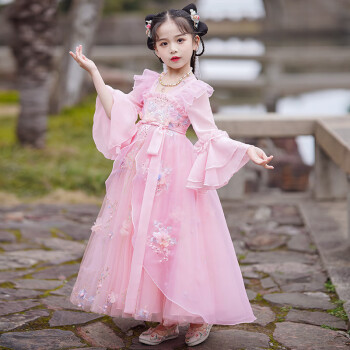 儿童唐装连衣裙女童国潮舞蹈六一汉服夏季款中国风旗袍小孩子 粉色
