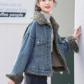 璟空谭短款牛仔棉服外套女2021冬季新款时尚保暖棉衣羊羔毛领加绒加厚