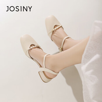 卓诗尼包头女凉鞋2024新款夏季高气质显白玛丽珍女鞋一字带粗跟女鞋米