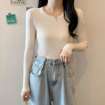 圆领毛衣女春秋季薄款修身长袖洋气内搭打底针织衫加厚长袖t恤 米白色