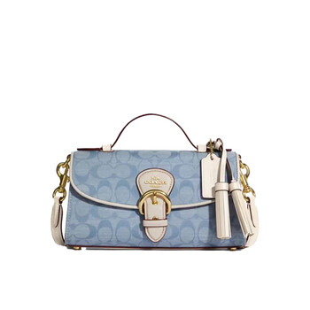 中号轻奢香布雷马鞍扣盒子包kleo24单肩斜挎手提包 浅蓝香布蕾老花