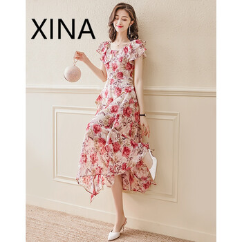 Xina 香港潮牌雪纺碎花连衣裙22年新款夏天休闲法式收腰花边不规则轻奢减龄气质修身显瘦裙子花色m 图片价格品牌报价 京东