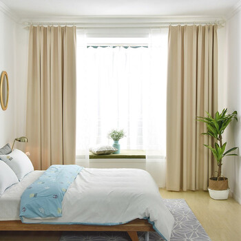 简约定制窗帘成品阳台卧室客厅飘窗遮光料卡其色25米宽27米高打孔加工