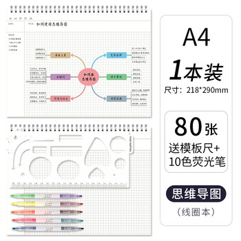 思维导图本笔记本16K大号康奈尔本子图稿纸大学生网格小学生笔记 1本/A4思维导图模板尺+荧光笔