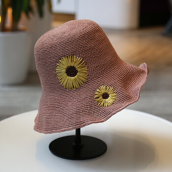 梵乔希遮阳帽女手工编织向日葵装饰草帽女士出游防晒渔夫帽子2019夏季