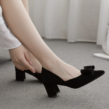 新款淑女鞋黑色小高跟鞋少女尖头粗跟性感百搭蝴蝶结中跟单鞋 黑色5cm