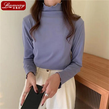 兰缦尼秋冬季半高领打底衫女士长袖无尺码时尚百搭显瘦木耳边内搭上衣女 黑色 均码(建议80-140斤)